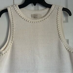 LOFT Sweater Womens XL White Knit Tank Top Bobble Trim Cotton Sleeveless Cottage